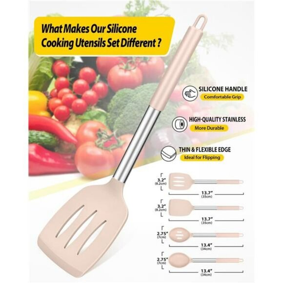 Silicone Cooking Utensils Set Heat Resistant Spatulas Slotted Spoons for Kitchen - Picture 2 of 7